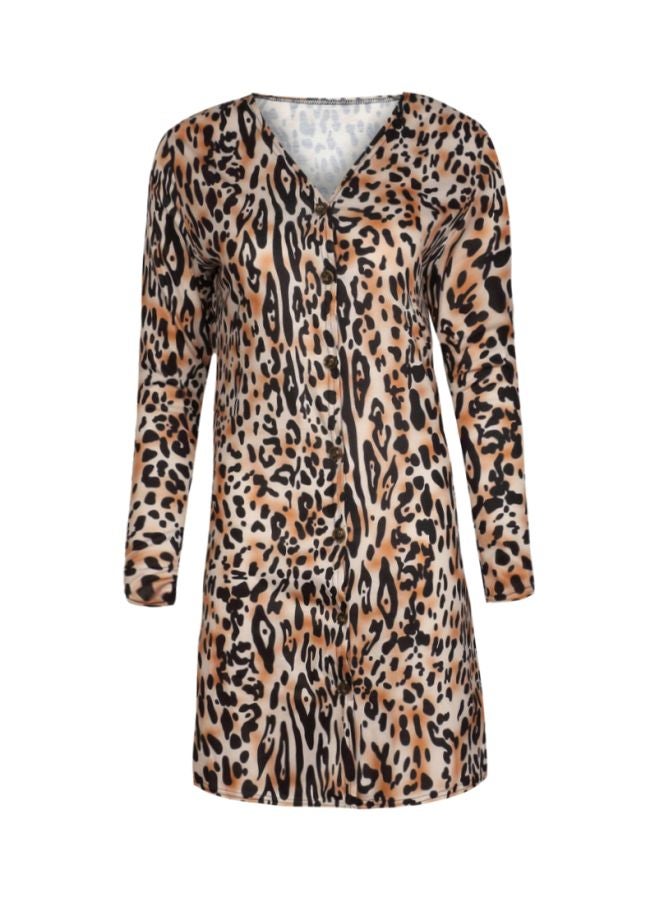 Generic - Leopard Print Button Closure Long Overcoat Black/Brown/White - Image 1