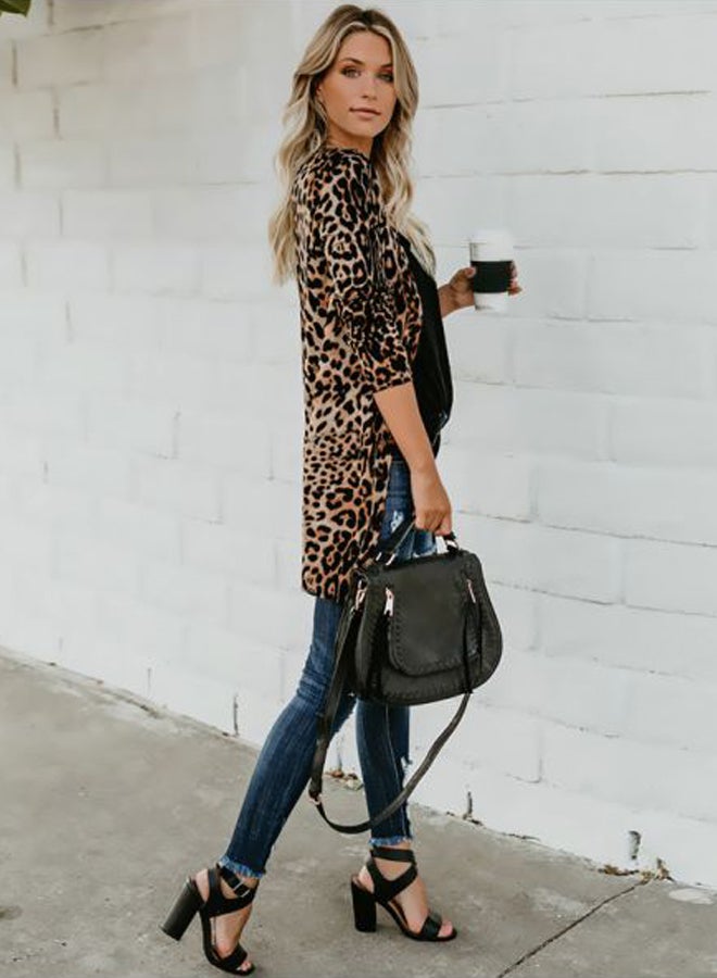 Generic - Leopard Print Button Closure Long Overcoat Black/Brown/White - Image 1