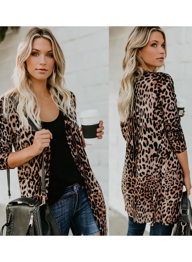 Generic - Leopard Print Button Closure Long Overcoat Black/Brown/White - Image 1