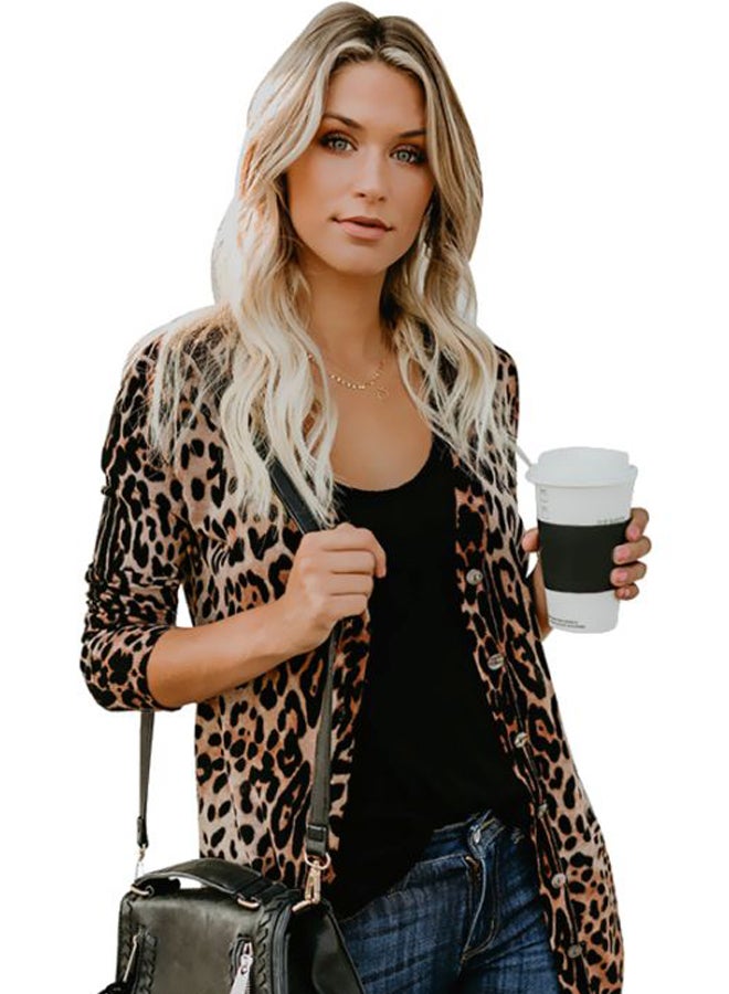 Generic - Leopard Print Button Closure Long Overcoat Black/Brown/White - Image 1