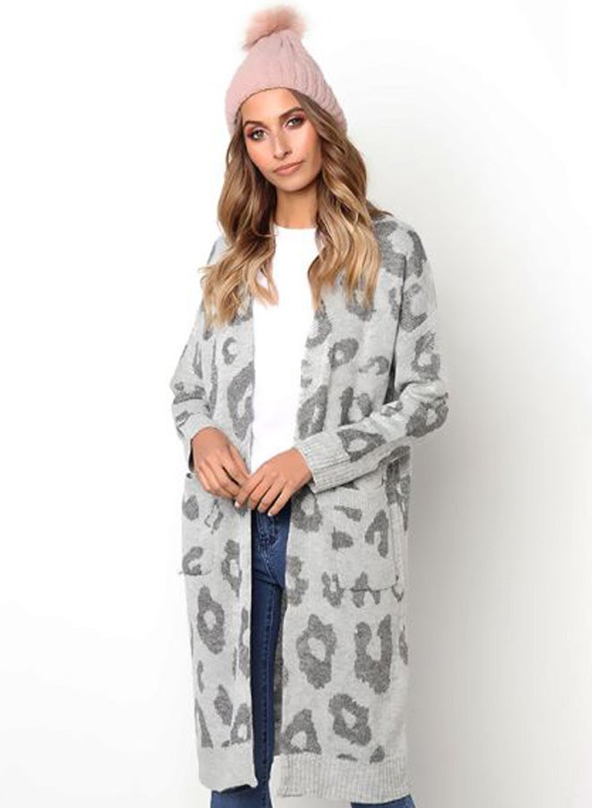 Generic Leopard Skin Printed Long Cardigan Light Grey/Dark Grey  - Image 3