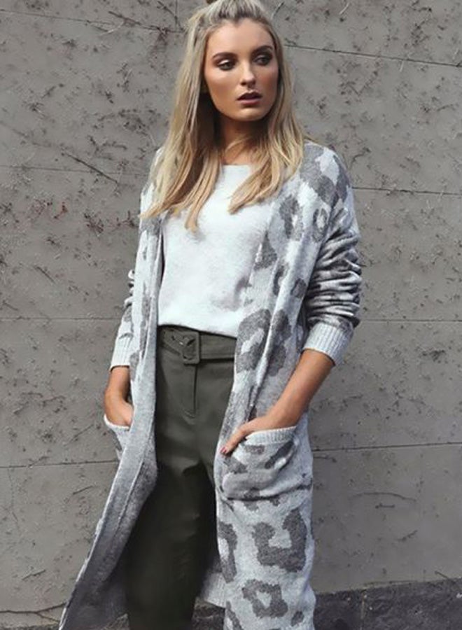 Generic Leopard Skin Printed Long Cardigan Light Grey/Dark Grey  - Image 4