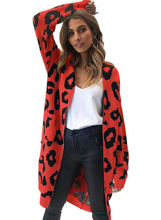 Generic Leopard Skin Printed Knitted Cardigan Red/Black  - Image 1