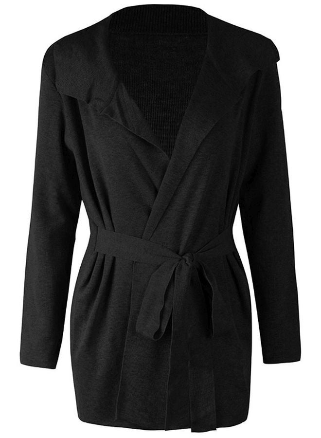 Solid Tie-Waist Knitted Jacket Black - Image 2