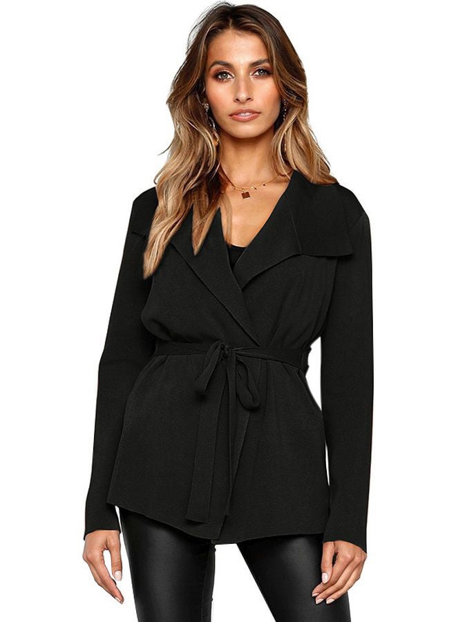 Solid Tie-Waist Knitted Jacket Black - Image 1
