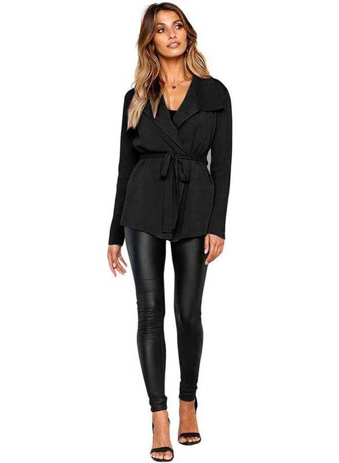 Solid Tie-Waist Knitted Jacket Black - Image 3