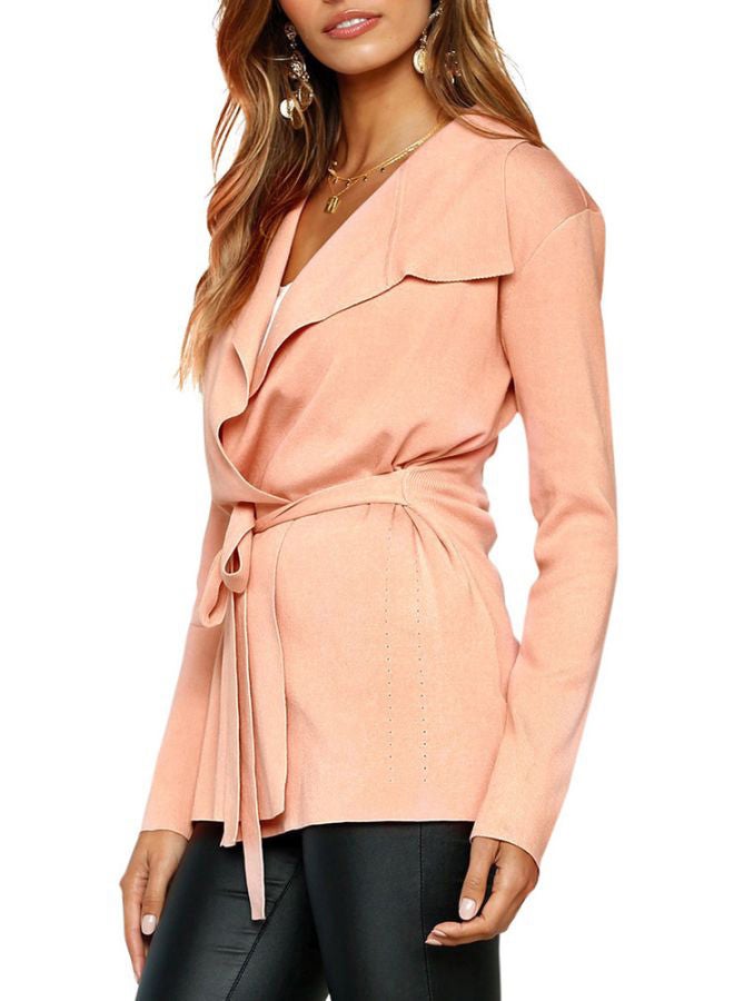 Solid Tie-Waist Knitted Jacket Pink - Image 4