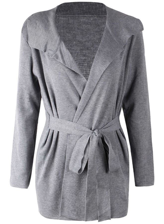 Solid Tie-Waist Knitted Jacket Grey - Image 1