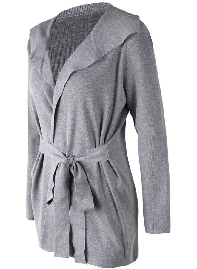 Solid Tie-Waist Knitted Jacket Grey - Image 2