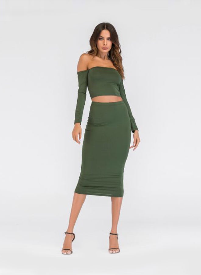 Lace Up Backless Crop Top With Pencil Skirt Set Green  - Image 1