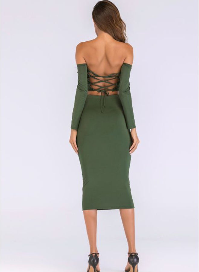 Lace Up Backless Crop Top With Pencil Skirt Set Green  - Image 2
