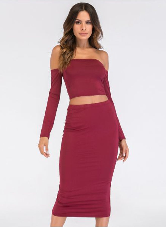 Lace Up Backless Crop Top With Pencil Skirt Set Red  - Image 1