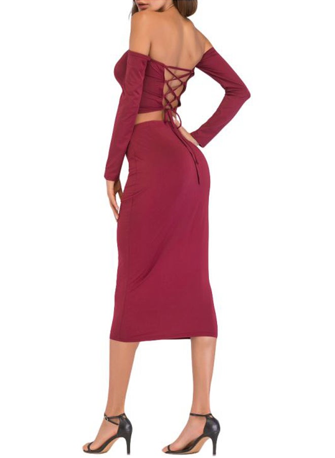 Lace Up Backless Crop Top With Pencil Skirt Set Red  - Image 2