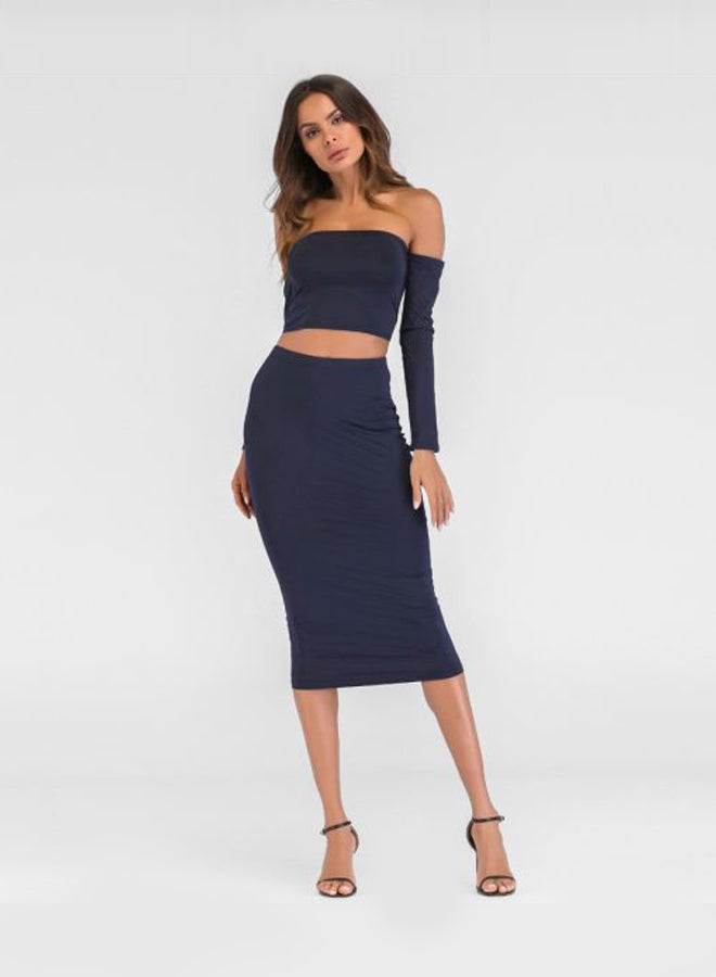 Lace Up Backless Crop Top With Pencil Skirt Set Dark Blue  - Image 1