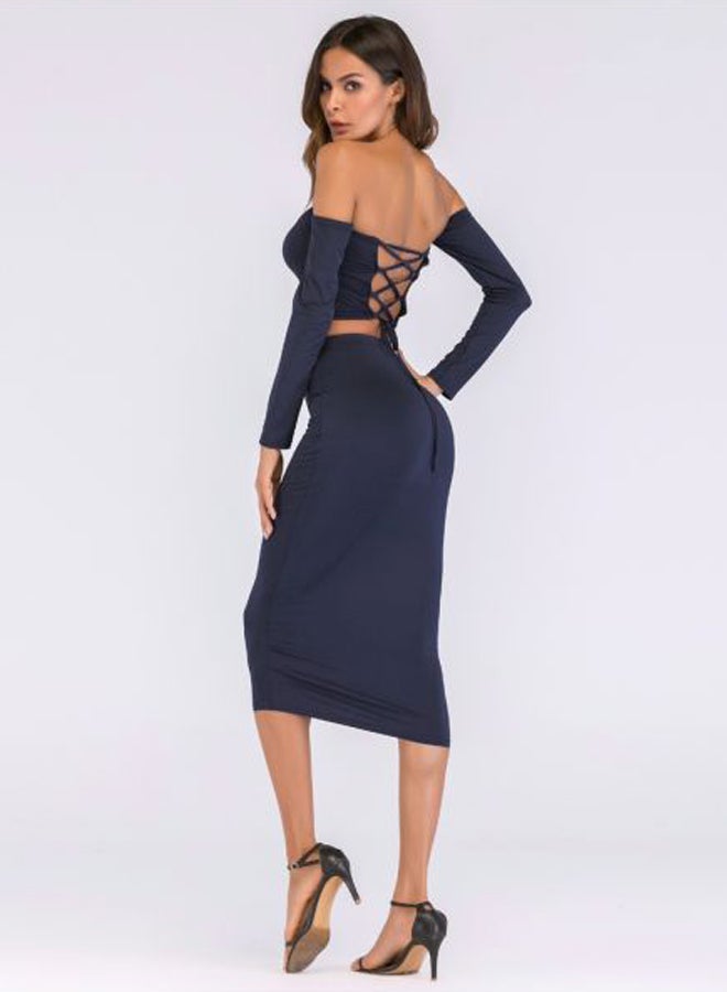 Lace Up Backless Crop Top With Pencil Skirt Set Dark Blue  - Image 2