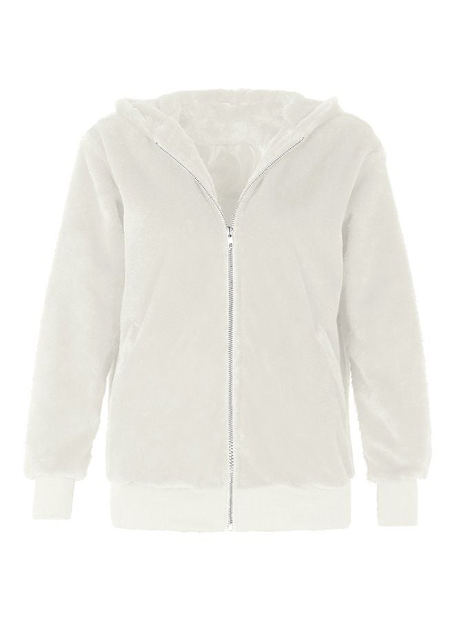 Solid Ribbed Trim Zip Through Hoodie White - Image 1