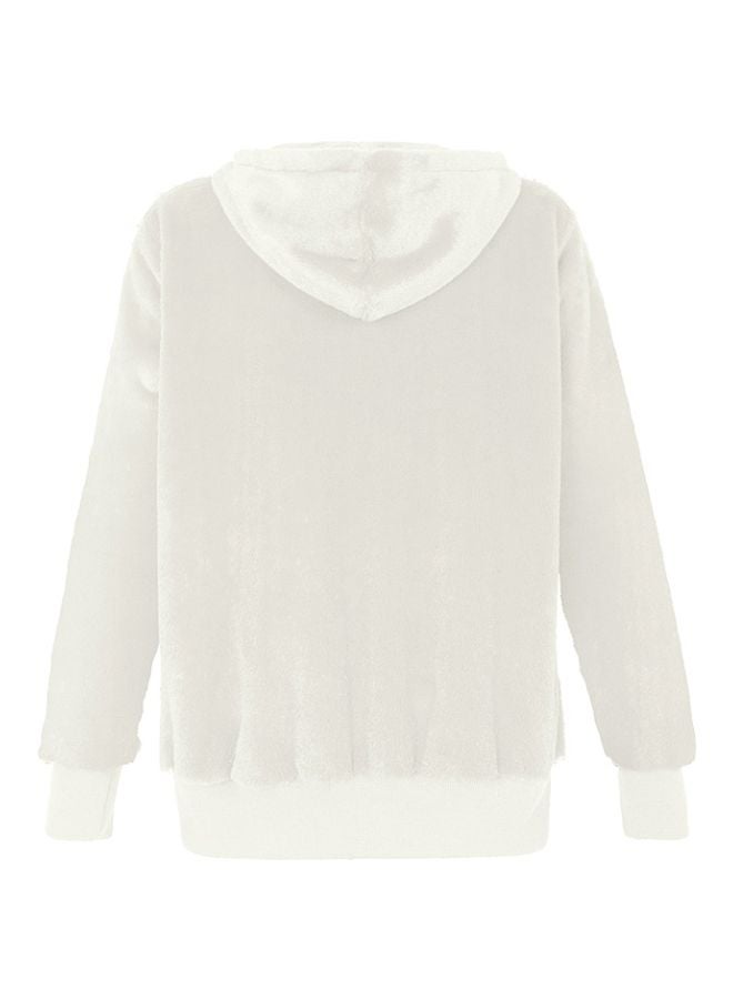 Solid Ribbed Trim Zip Through Hoodie White - Image 2