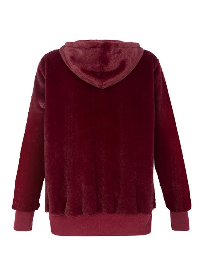 Solid Ribbed Trim Zip Through Hoodie Burgundy - Image 2