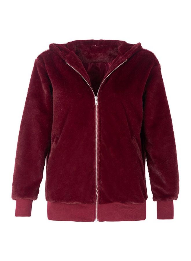 Solid Ribbed Trim Zip Through Hoodie Burgundy - Image 1