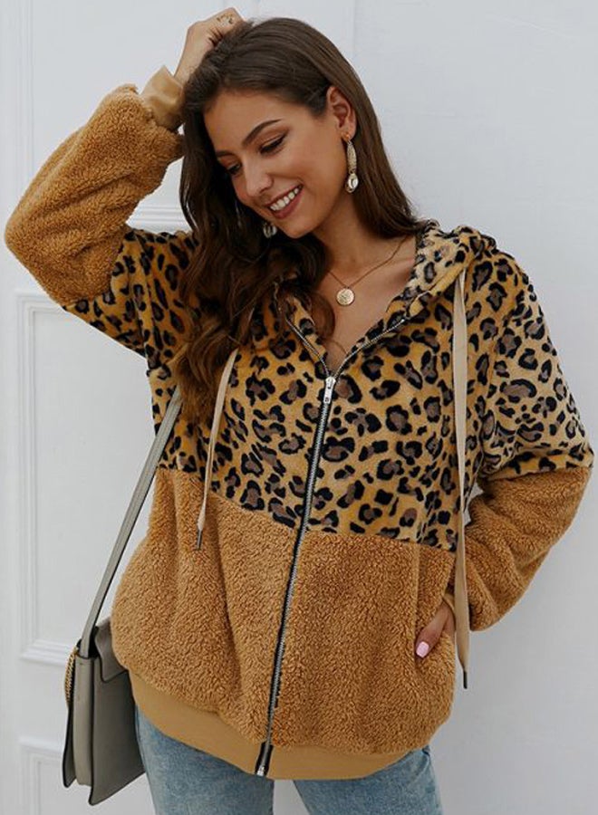 Generic - Leopard Printed Zip Through Hoodie Khaki/Black - Image 1