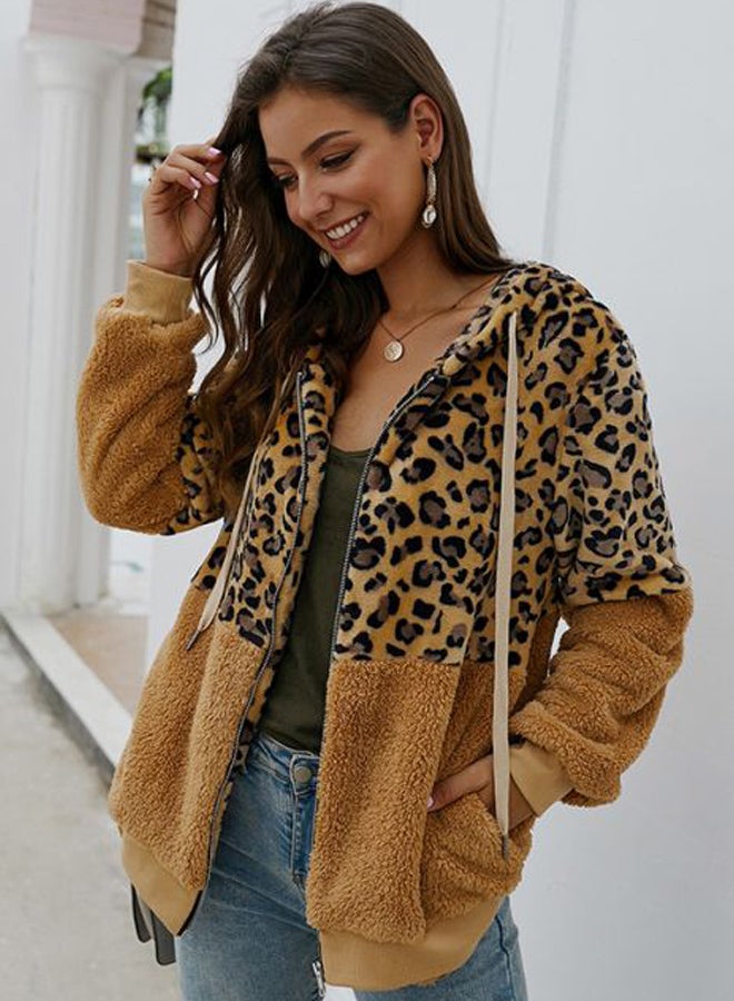 Leopard Printed Zip Through Hoodie Khaki/Black  - Image 4