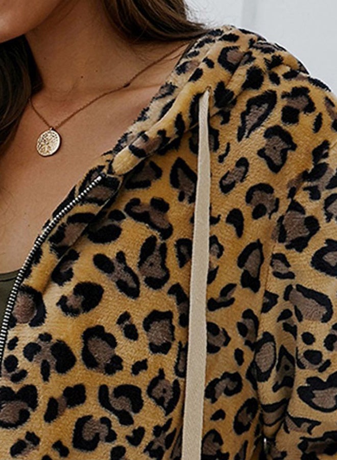 Leopard Printed Zip Through Hoodie Khaki/Black  - Image 3