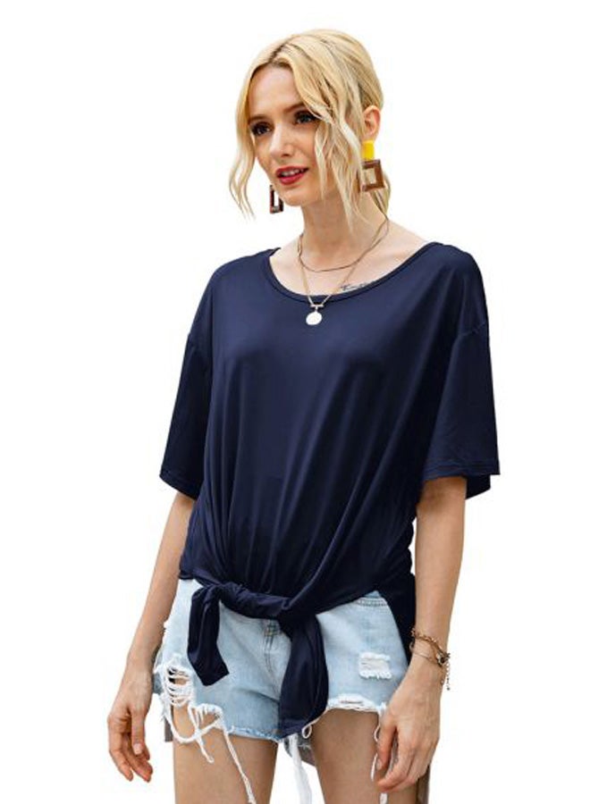 Solid Round Neck Side Slit Tunic Dark Blue - Image 1