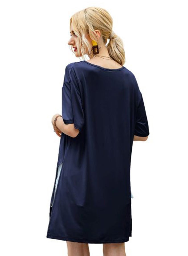 Solid Round Neck Side Slit Tunic Dark Blue - Image 2