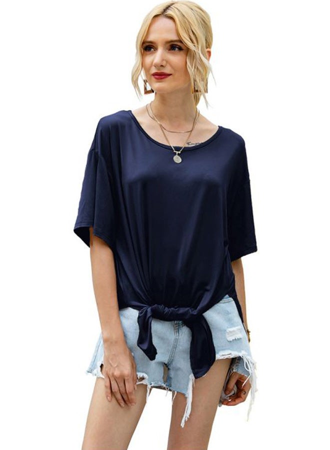 Solid Round Neck Side Slit Tunic Dark Blue  - Image 1