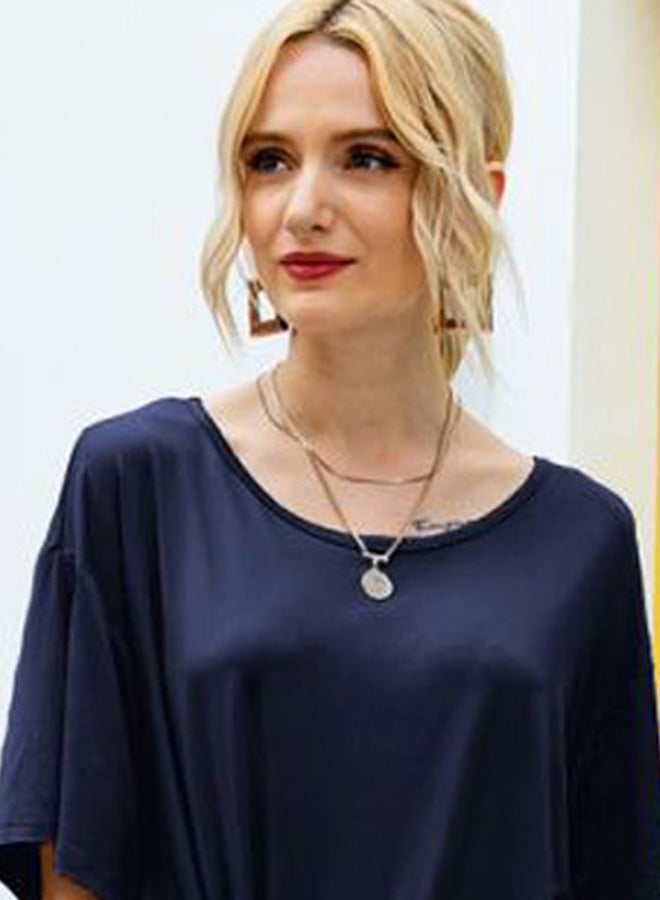 Solid Round Neck Side Slit Tunic Dark Blue  - Image 3