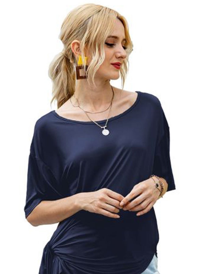 Solid Round Neck Side Slit Tunic Dark Blue - Image 3