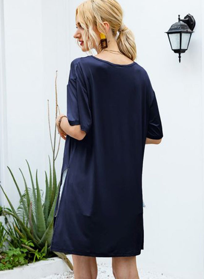 Solid Round Neck Side Slit Tunic Dark Blue  - Image 2
