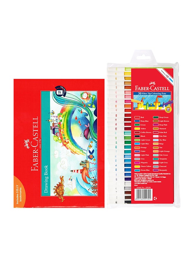 30-Piece Fibre Tip Colour Pen With A4 Size Drawing Book Multicolour