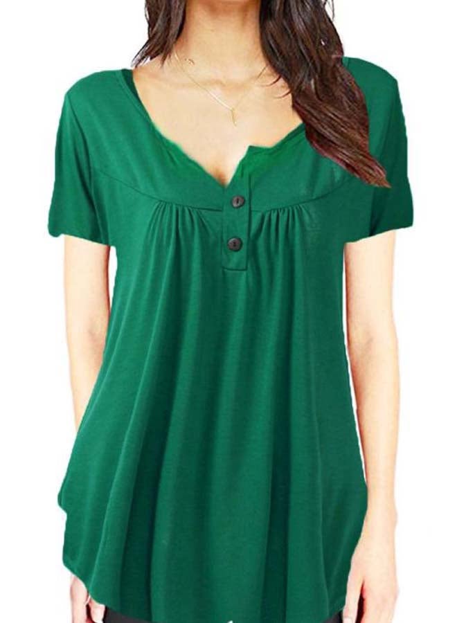 Solid Button Detailed Blouse Dark Green  - Image 3