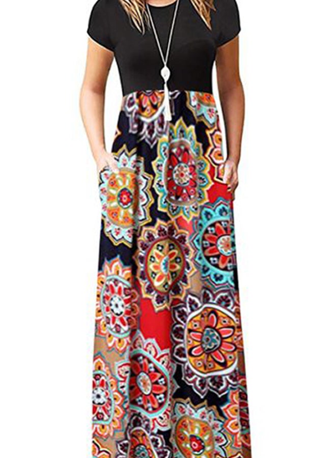 Generic Floral Printed Pocket Detailed Maxi Dress Black/Yellow/Red  - Image 2