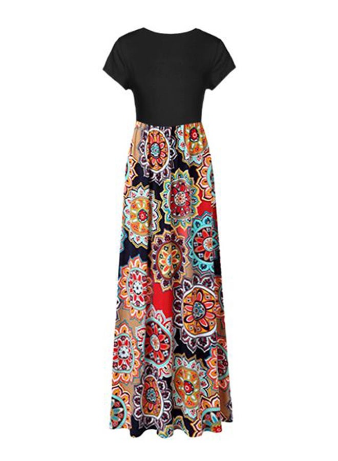 Generic Floral Printed Pocket Detailed Maxi Dress Black/Yellow/Red  - Image 1