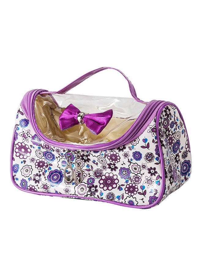 Large Capacity Floral Print Bow Zipper Cosmetic Wash Bag Makeup Storage Pouch Purple  - Image 1