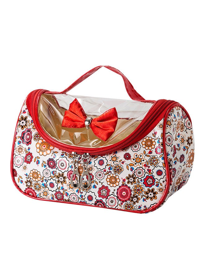 Large Capacity Floral Print Bow Zipper Cosmetic Wash Bag Makeup Storage Pouch Red  - Image 1