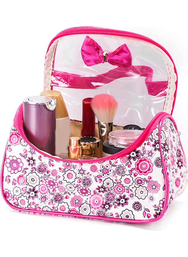 Large Capacity Floral Print Bow Zipper Cosmetic Wash Bag Makeup Storage Pouch Blue  - Image 3