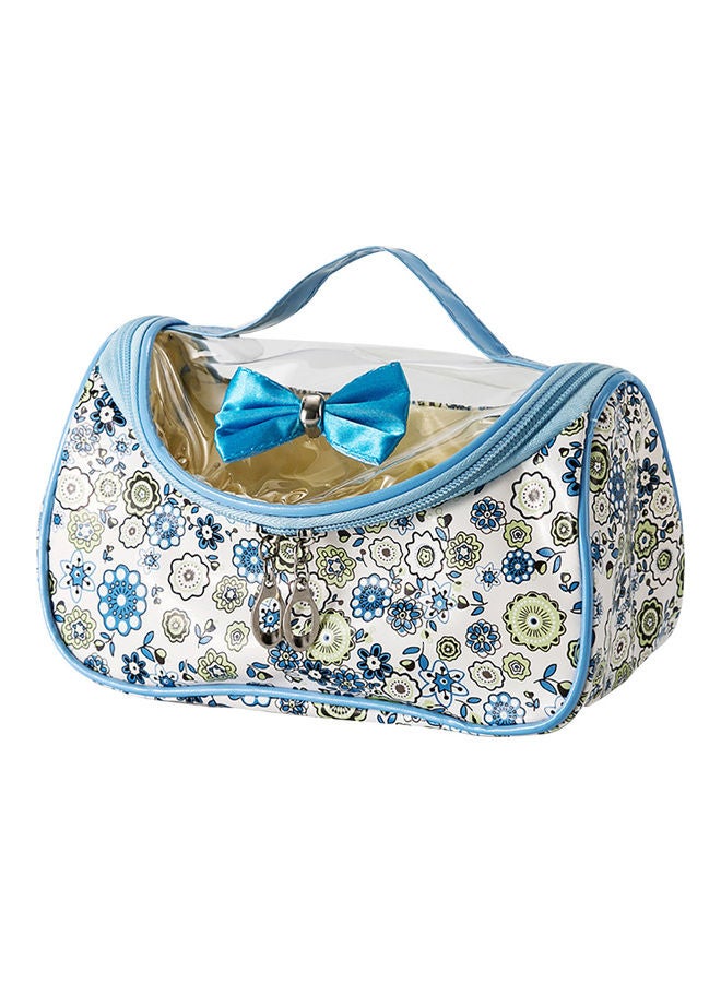 Large Capacity Floral Print Bow Zipper Cosmetic Wash Bag Makeup Storage Pouch Blue  - Image 1