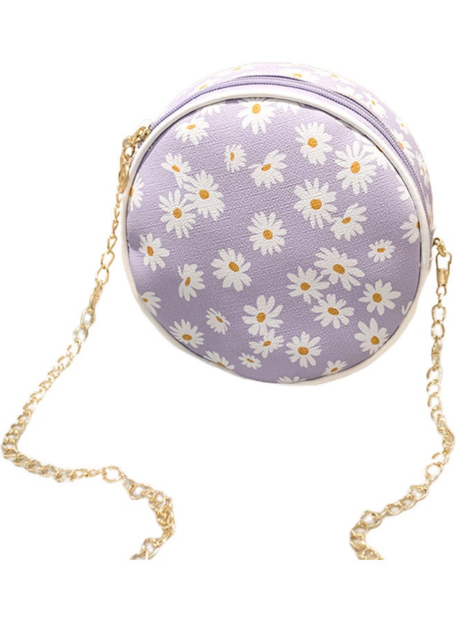 Women Stylish Zipper Marguerite Print Round Shoulder Bag Handbag Crossbody Pouch Purple  - Image 1