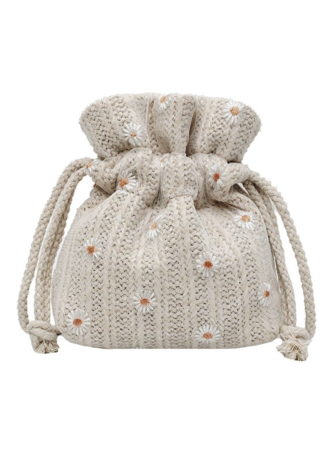 Women Marguerite Woven Shoulder Crossbody Bucket Bag Drawstring Phone Pouch Beige - Image 1