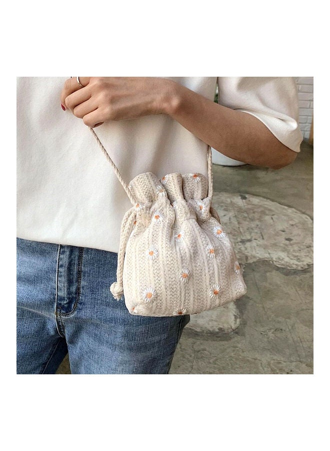 Women Marguerite Woven Shoulder Crossbody Bucket Bag Drawstring Phone Pouch Beige - Image 2