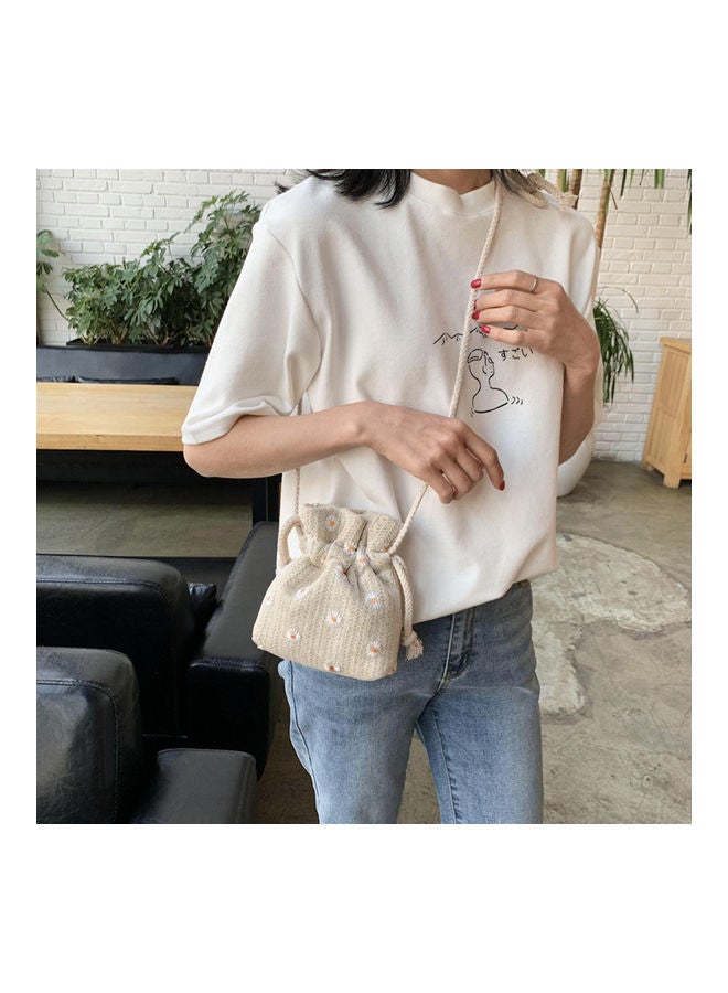 Women Marguerite Woven Shoulder Crossbody Bucket Bag Drawstring Phone Pouch Beige - Image 3
