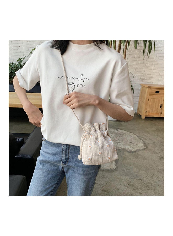 Women Marguerite Woven Shoulder Crossbody Bucket Bag Drawstring Phone Pouch Beige - Image 4