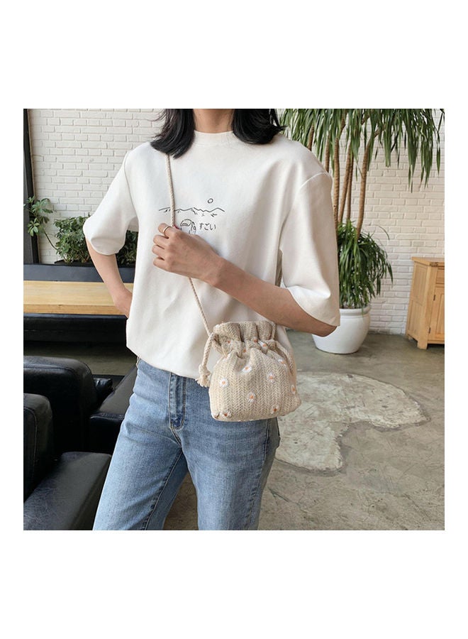 Women Marguerite Woven Shoulder Crossbody Bucket Bag Drawstring Phone Pouch Beige - Image 5