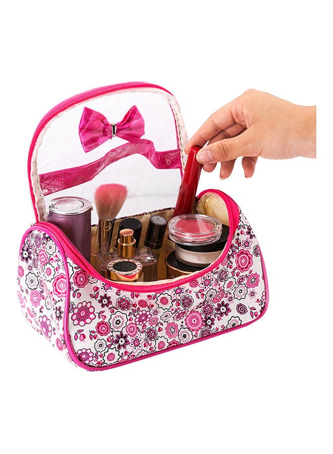 Large Capacity Floral Print Bow Zipper Cosmetic Wash Bag Makeup Storage Pouch Pink  - Image 2