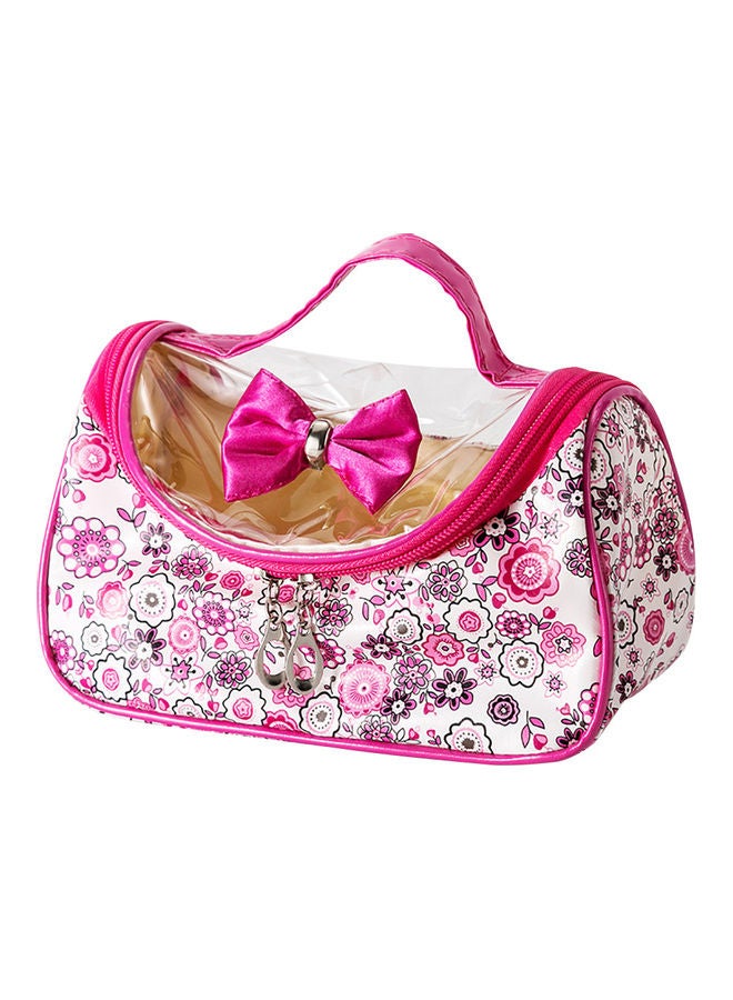 Large Capacity Floral Print Bow Zipper Cosmetic Wash Bag Makeup Storage Pouch Pink  - Image 1