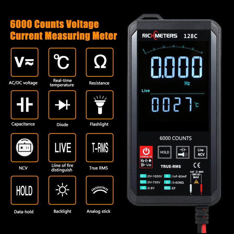 6000Counts 128C Pocket Automatic Digital Multimeter Black 20.00 x 3.00 x 10.00cm  - Image 4