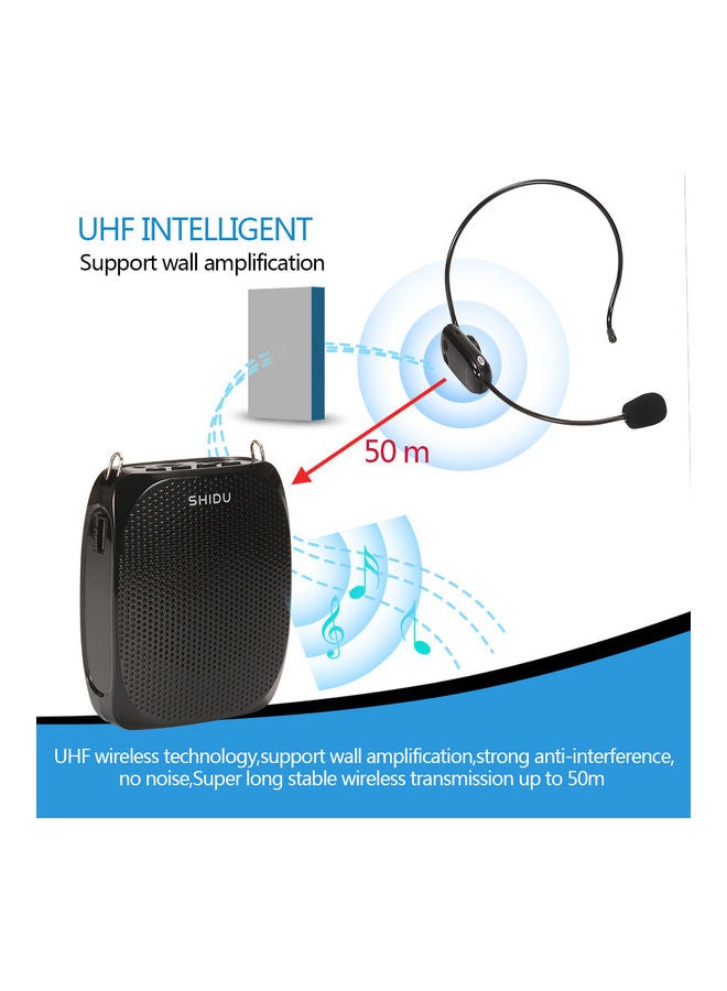 Generic SHIDU 10 Watts UHF Wireless Voice Amplifier with Comfortable Headset Waist Neck Band and Belt Clip for Teachers,Tour Guides,Training,Meeting Support Recording TF Card，MP3 Format Audio and U disk-Black  - Image 4